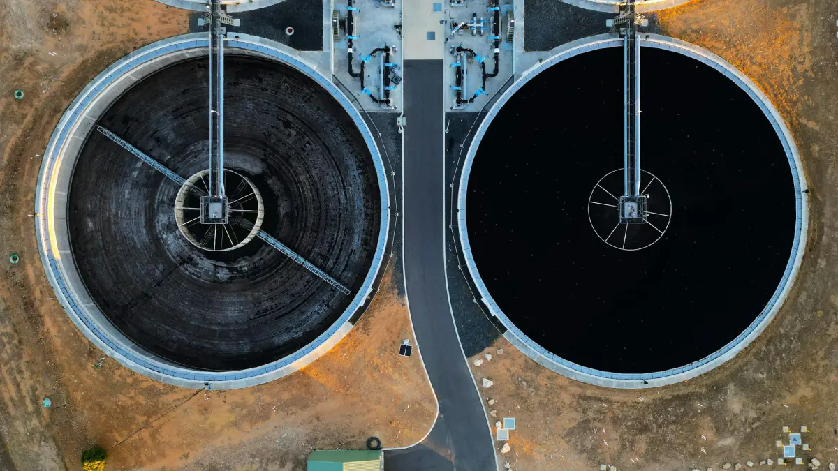 Settling basins at a water treatment plant seen from above