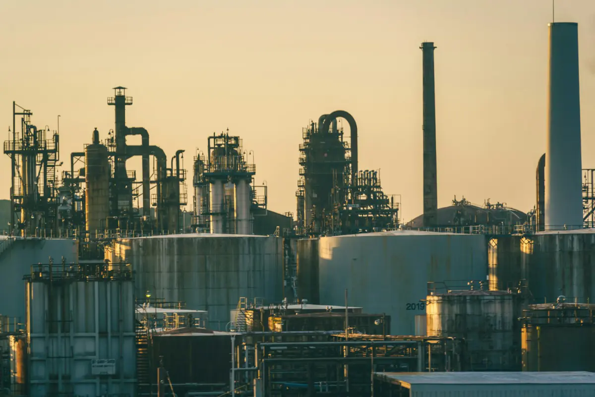 Oil storage tanks at a refinery
