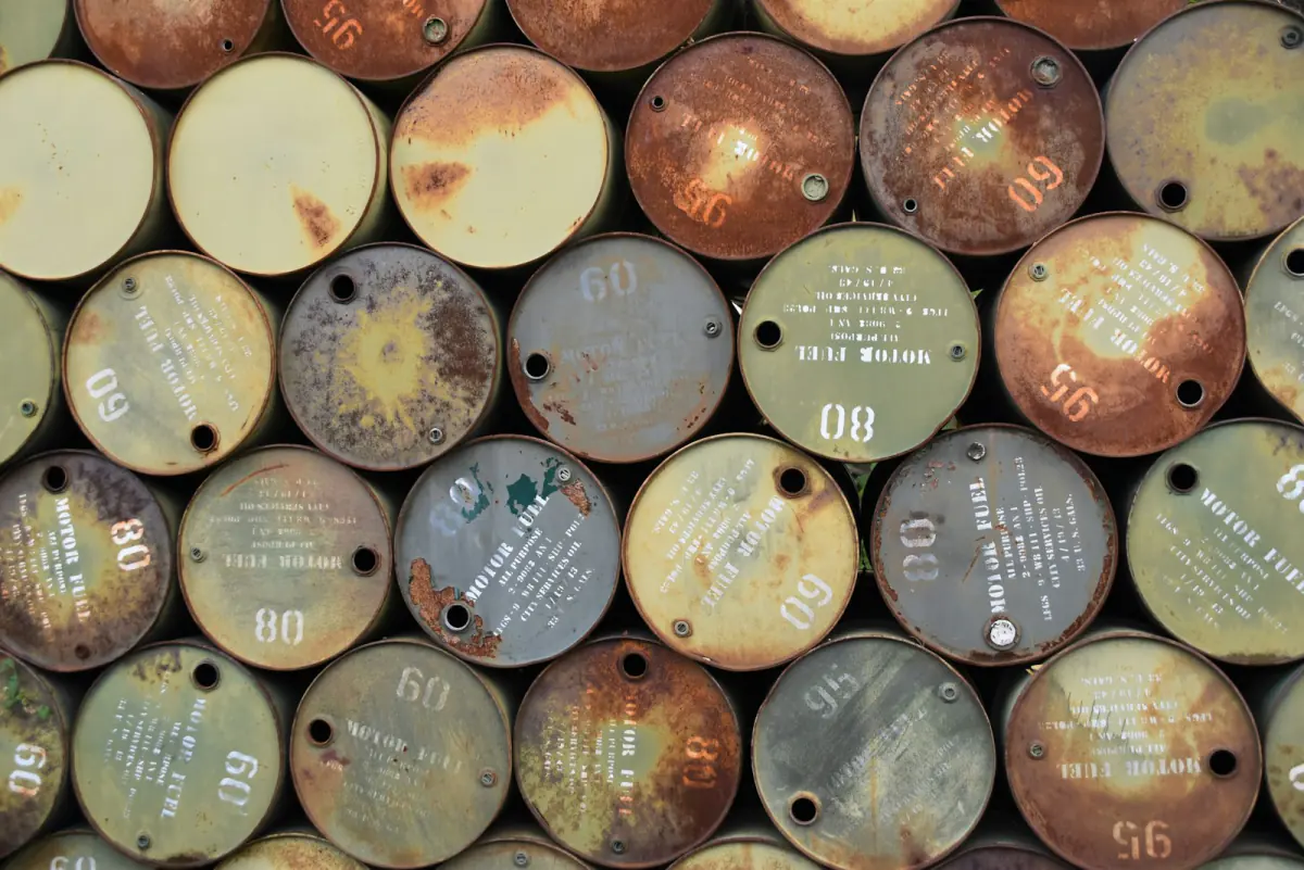 Stacked drums of used and waste oil