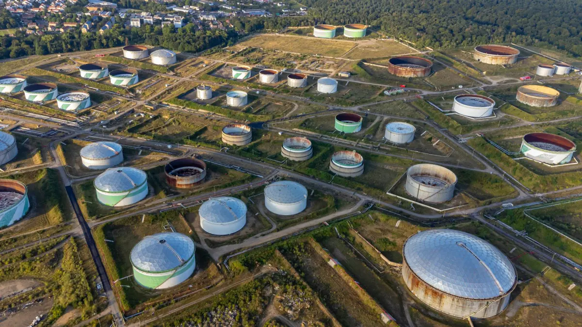 Tank farm at an oil depot seen from above