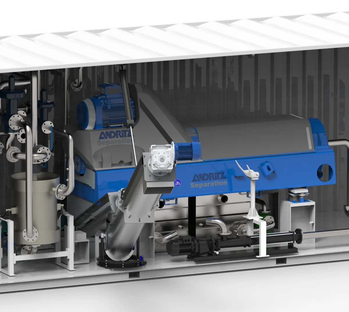 Andritz decanter centrifuge installed in a container with pumps and screw conveyor